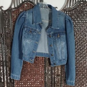 Allegra K Classic Blue Jean Jacket XS Vintage Fitted Cropped Puffer Sleeve
